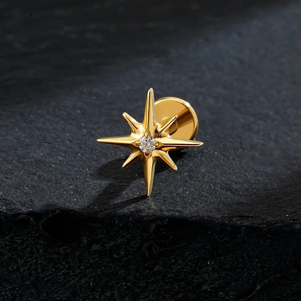 Right Grand ASTM F136 Titanium CZ North Star Flat Back Earring 16G Tiny Starburst Helix Cartilage Stud Dainty Earlobe Mesusa Labret Lip Stud Piercing Jewelry