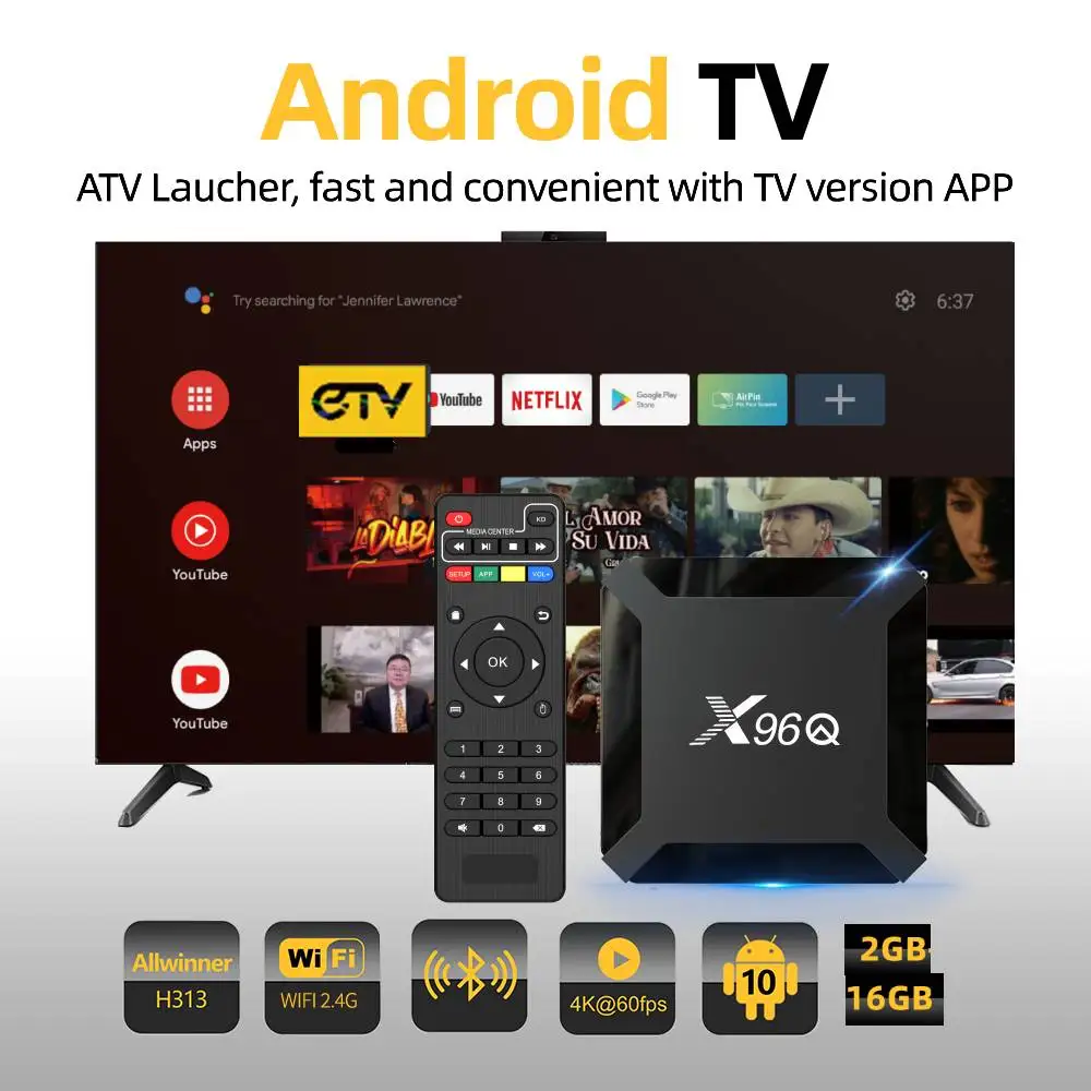 TV Android 4K ATV X96Q, kotak tv Android BT 2.4G Wifi Internet Streaming Ip-TV OTT Allwinner H313 2GB 16GB