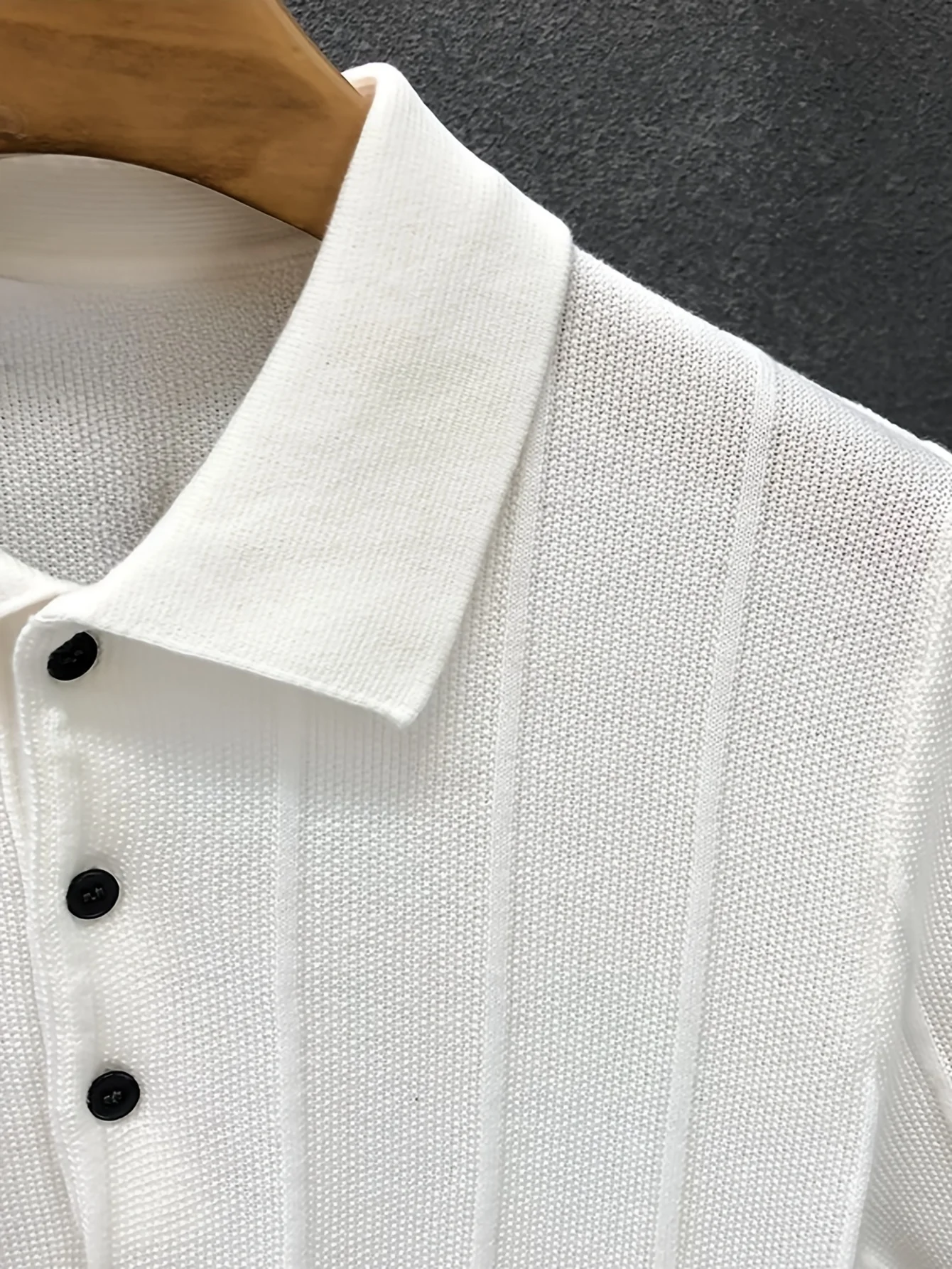 High-End Luxury Vertical Stripe Texture Short-Sleeved Polo Shirt Knitted Top for Men - Summer New Style Solid-Colored Collar Woo