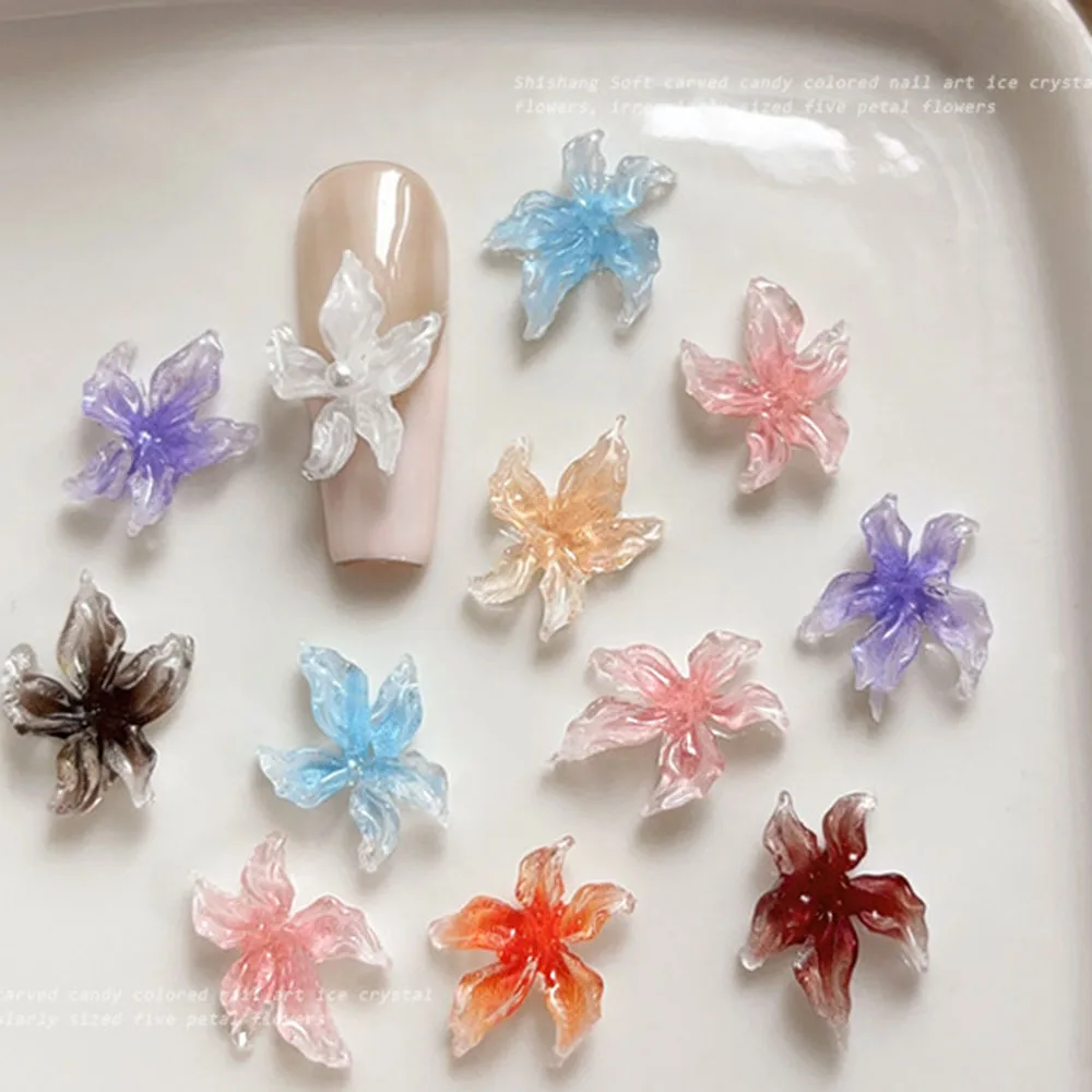 50PCS Eis Kristall Blume Nail art Charms 3D Acryl Blütenblatt Blume Maniküre Dekor Teile 10*15mm gemischte Farbe DIY Liefert Drücken Auf