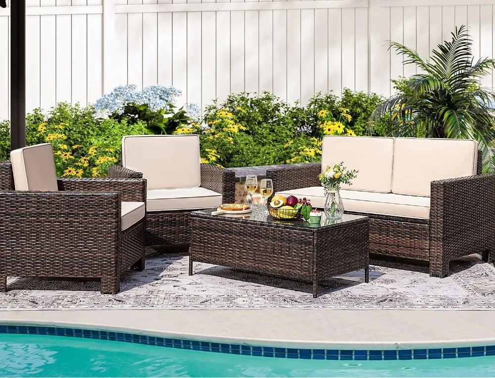 4 Piece Patio Furniture Outdoor Rattan Conversation Sofa Set with Patio Table and Chairs for Porch Backyard Poolside(Brown)