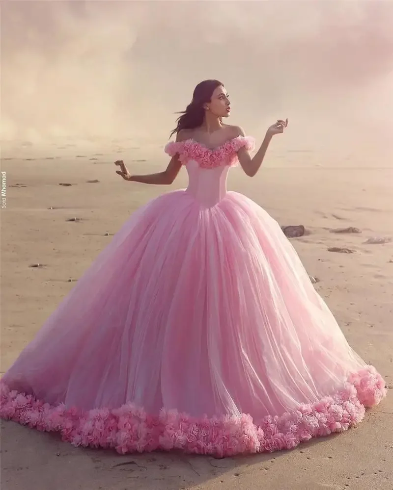 Customized Wedding Dresses Pink Cloud 3D Flower Rose Long Tulle Puffy Ruffle Robe De Mariage Bridal Gown Said Mhamad