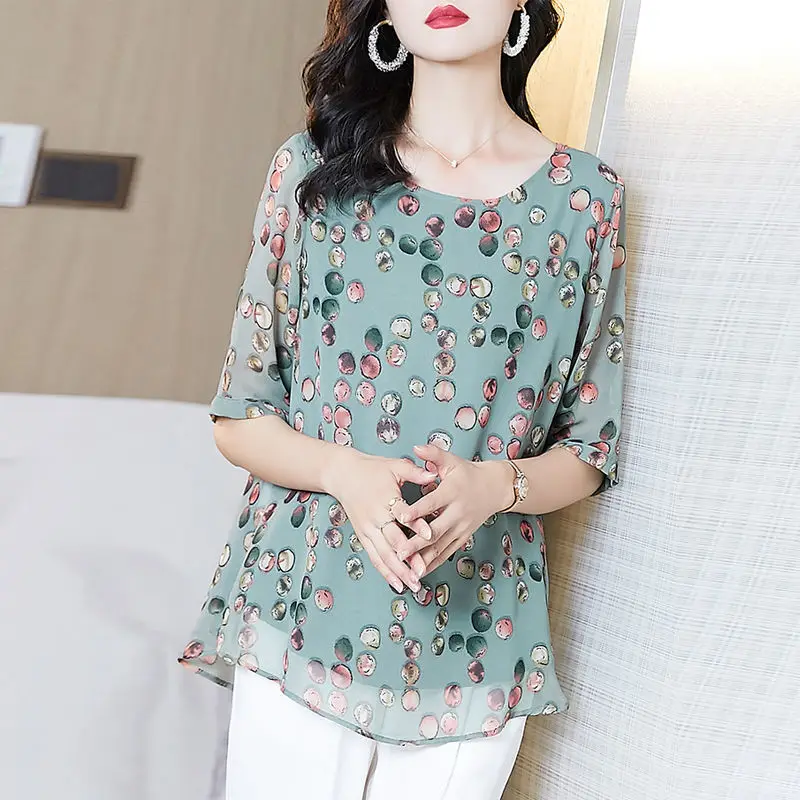 Office Lady Polka Dot Printed Chiffon Blouse Summer Stylish Elegant Round Neck Loose Female Korean Spliced Half Sleeve Shirt New