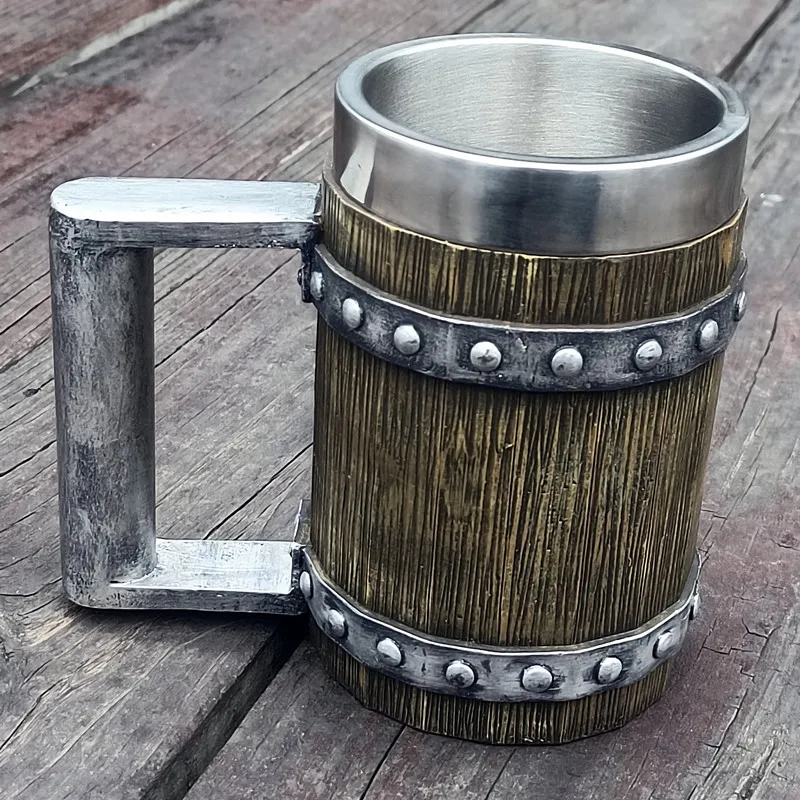 Germany Wood Grain Beer Mug 304 Stainless Steel Medieval Tavern Wooden Imitation Barrel Tankard Beer Mug Coffee Cup Men Gift Ret