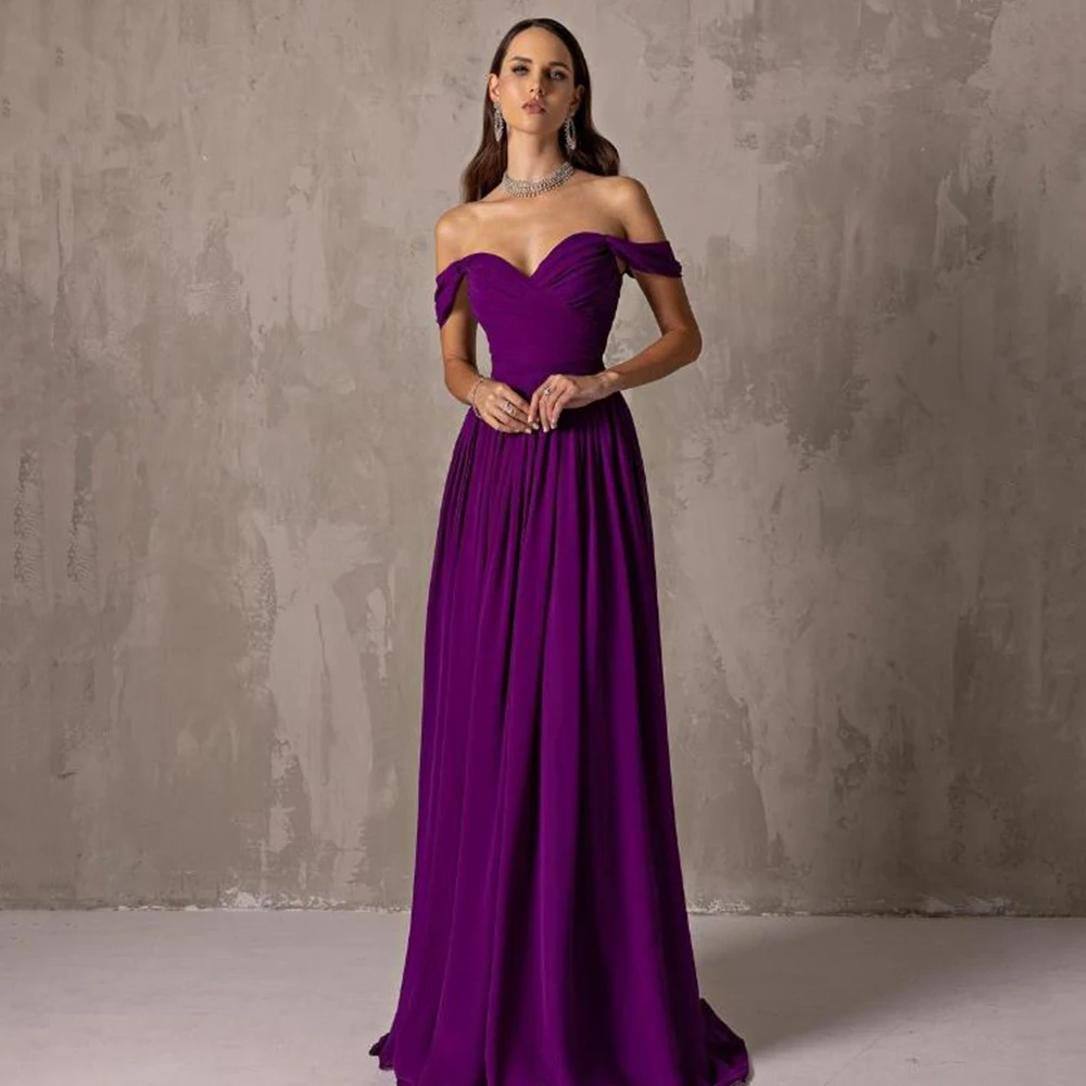 

Customized Purple Off the Shoulder Draped Jersey A-line Evening Dresses Sweep Train Pleat Backless Sleeveless Party Prom Gown