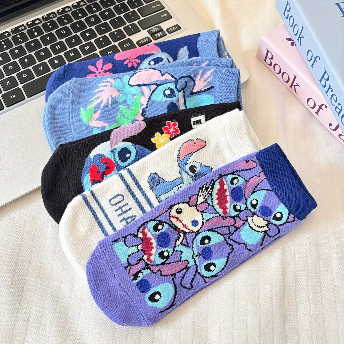 5 Pairs Disney stitch Caracters  Children's Cotton Socks Summer and Autumn Unisex Children Sports Wind Short Tube