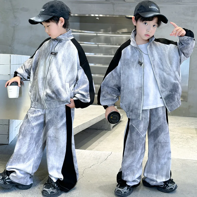ZOETOPKID Boys Set Autumn Spring Casual Style Fashion Trendy Handsome Cool Sporty Distressed Patchwork Coat Pant Two Piece Set