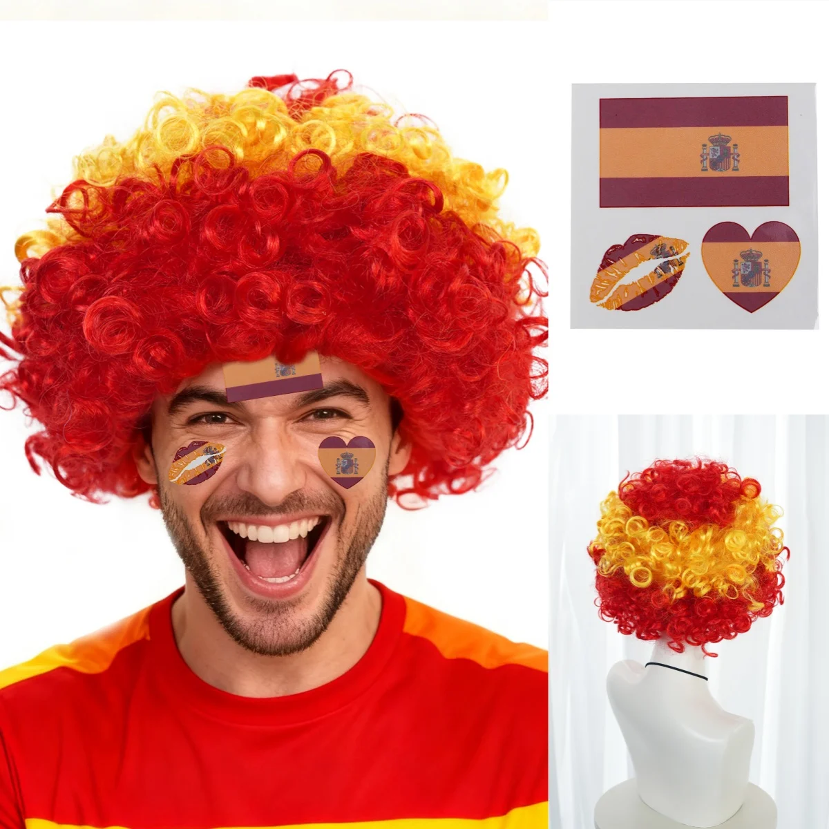

Spain Red Yellow Afro Curly Wig With Face Stickers Football Fan Sports Party Cosplay Synthetic Wig