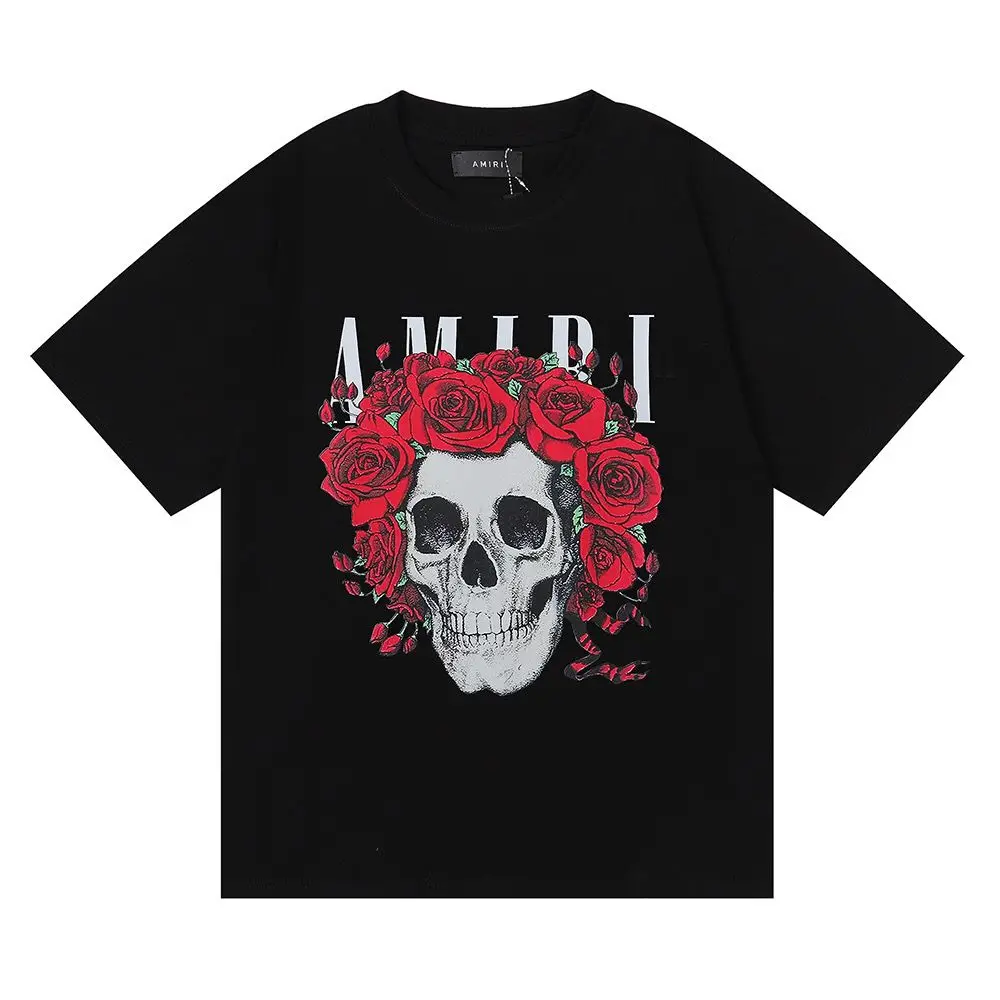 

Meichao AM European and American Style Rose Skull Printed Cotton Short Sleeve T-Shirt Casual Men's and Women's Top