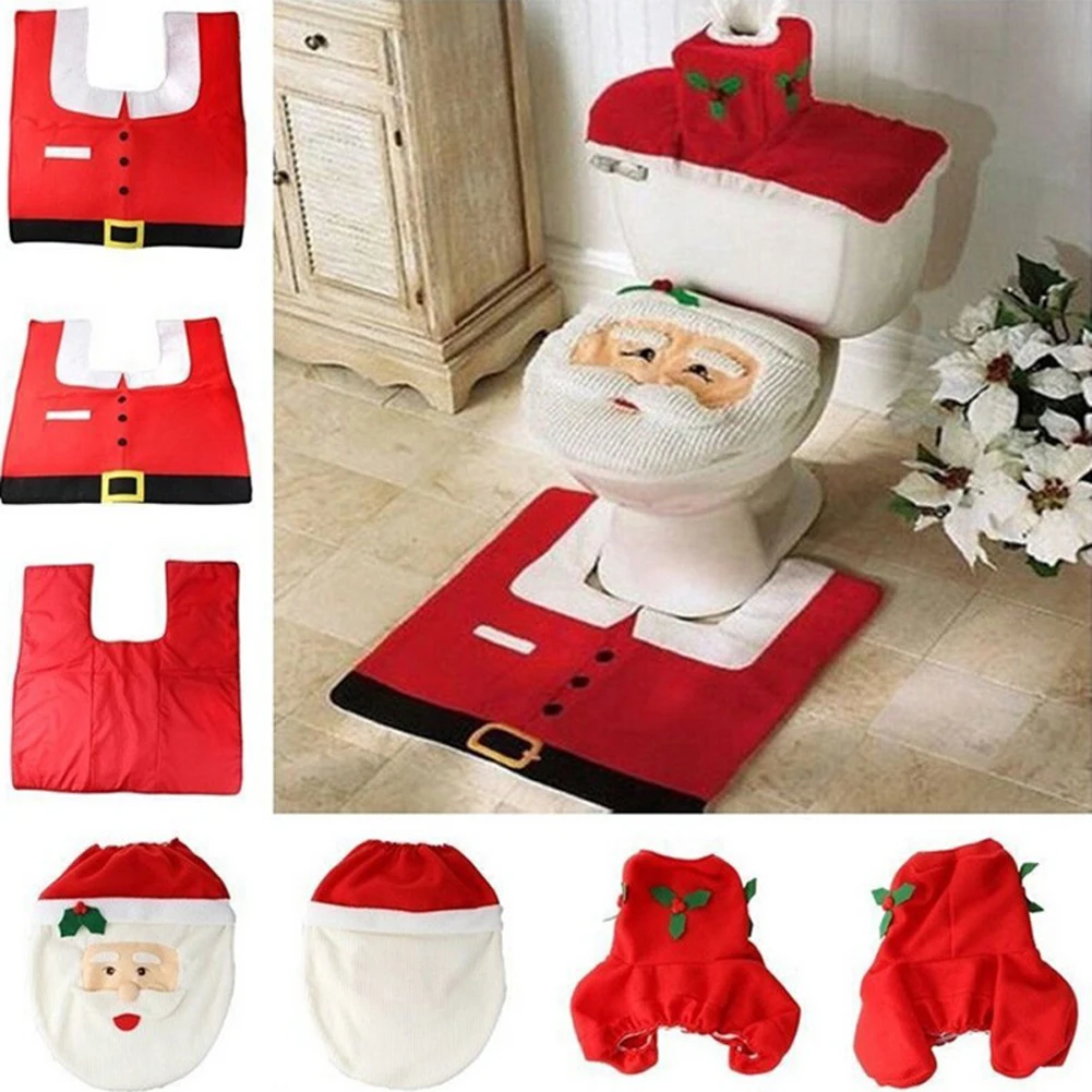 Christmas Santa Toilet Seat Cover 3pcs SET 3D Xmas Cartoon Bathroom Mat Toilet Cover water uptake Bath Festival Holiday Decor