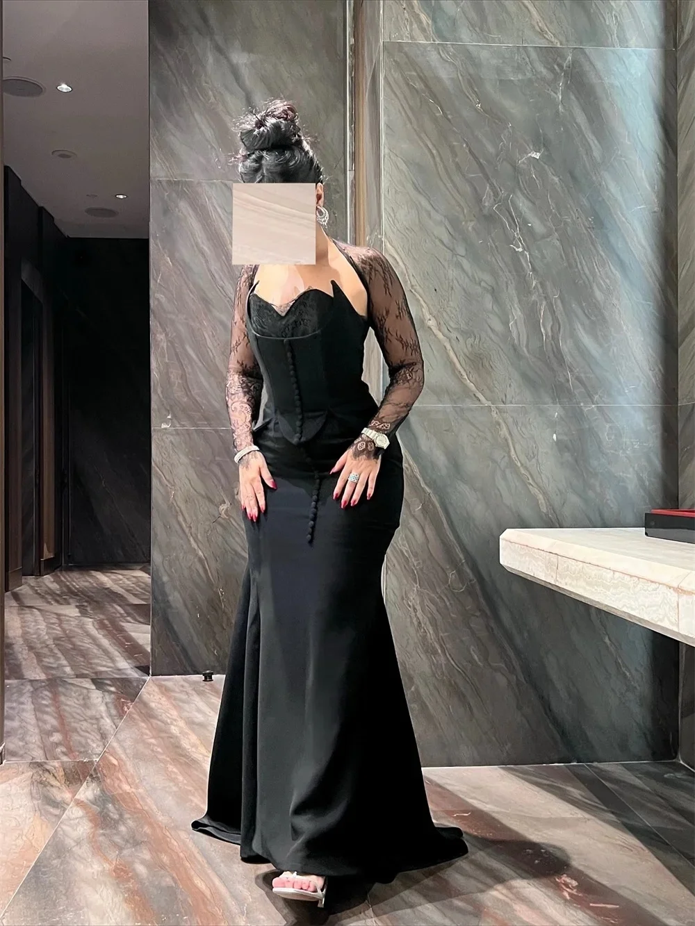 

Black Lace Long Sleeves Bespoke Occasion Gown Evening Dresses Prom Pastrol Unisex Jersey Retro Dubai Saudi Arabic Customized
