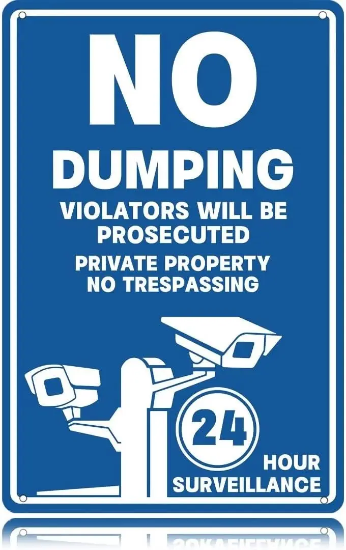 Warning - No Dumping, Property Protected By Video Surveillance Vintage Metal Tin Sign Blue warning Sign 24 HOUR