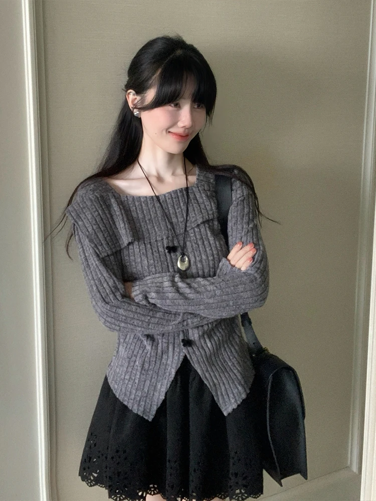 سترة نسائية كورية أنيقة بياقة مربعة وأكمام طويلة محبوكة للخريف والشتاء، تصميم نحيف مع شق ناعم وأنيق