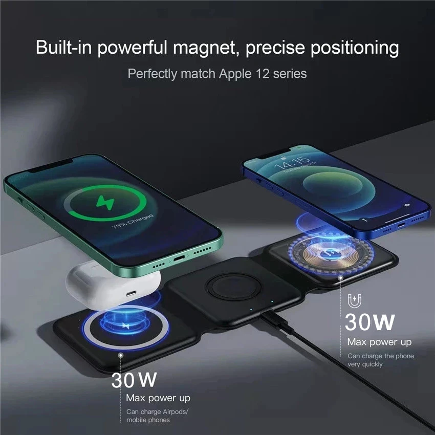 90W 3 in 1 Foldable Magnetic Wireless Charger For iPhone 14 13 12 Pro XS X Fast Wireless Charging Pad Stand For Airpods iWatch