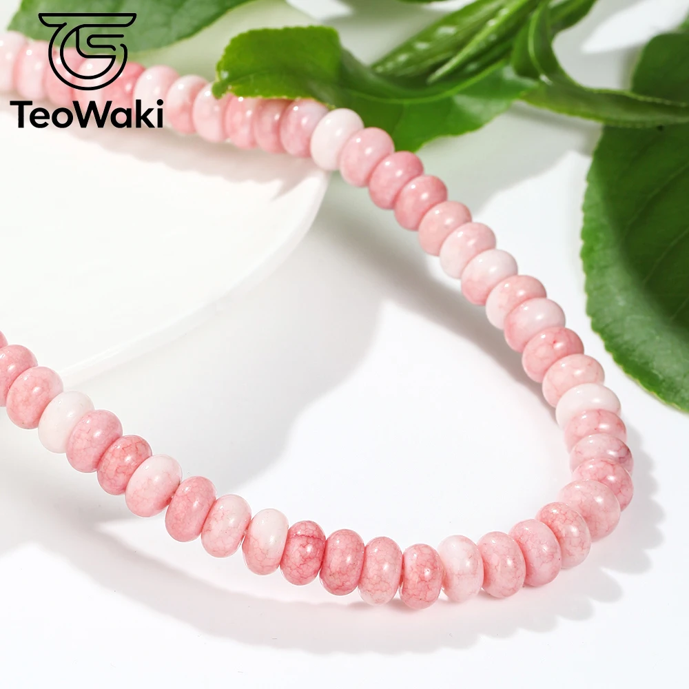 TeoWaki Natural Stone Dainty Pink White Stripe Crackle Crystal Necklace Steering Wheel Soft Tone Collarbone Accessory Gift 40cm