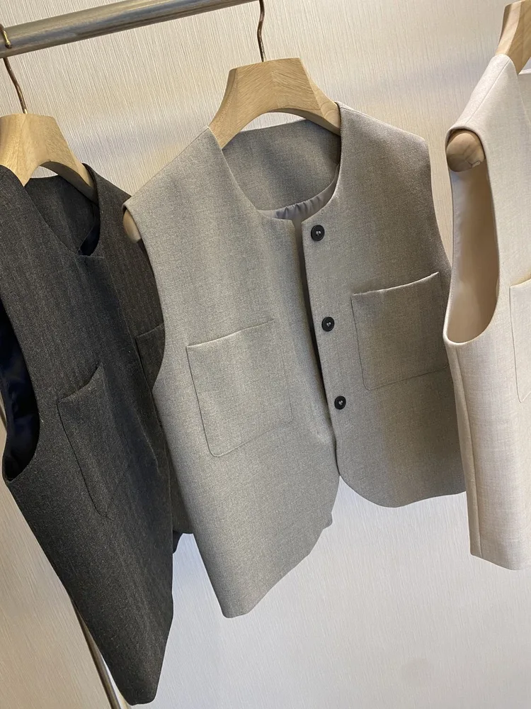 

Деловой повседневный жилет без рукавов с круглым вырезом, женский, свободного кроя, подходит для поездок на работу, короткая верхняя одежда, модная одежда для весеннего сезона