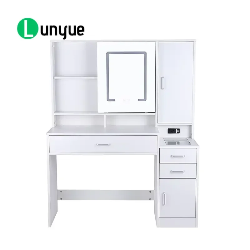 White Dressing Table with Removable Mirror Drawers and 3 Color LED Lamp Efficient Vanity Desk for Bedroom Makeup Storage