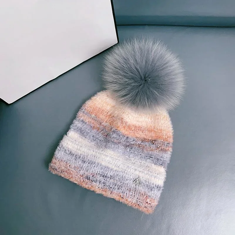 Real Fox Fur Ball Hat Women's Autumn and Winter Warm Ear Protection Imitation Mink Velvet Gradient Pullover Knitted Hat