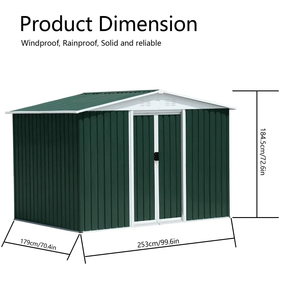 8x6 Feet Outdoor Storage Garden Shed Apex Roof Green With Aluminum alloy frame and sliding door