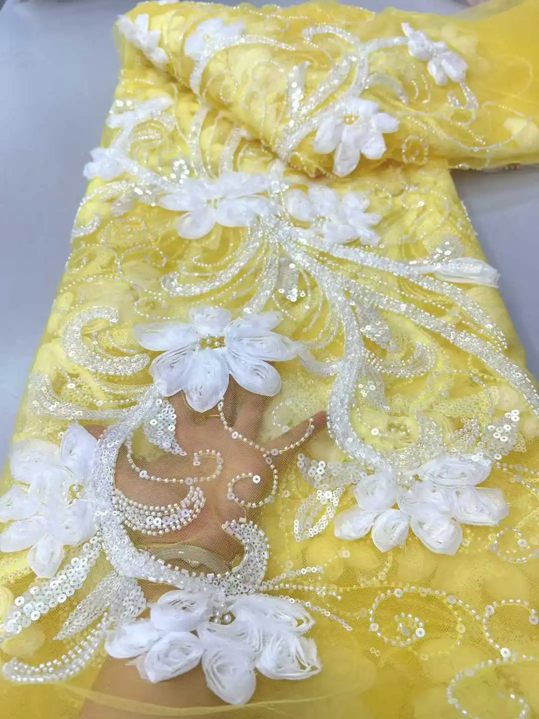 

African Beaded Lace Fabric 2025 High Quality 3D Embroidery Nigerian Sequins Bridal French Tulle Lace Fabric For Wedding Dresses