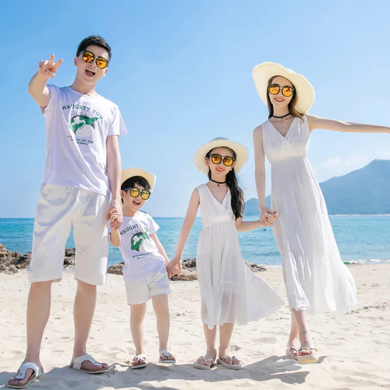 Holiday Look Family Matching Clothing Beach Daughter and Mom White Dresses Son and Dad T Shirts Shorts Two Piece Outfits Sets