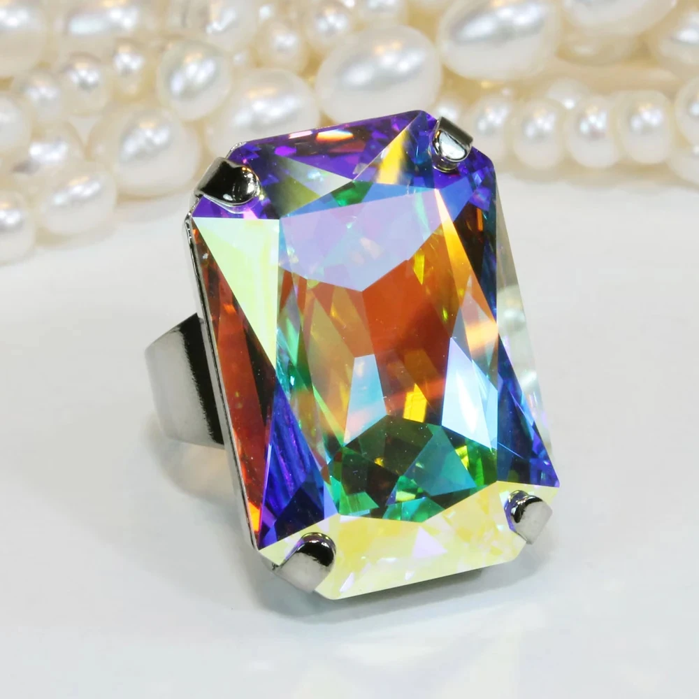 Artisan Crystal Large Square Rings Adjustable Finger Jewelry Gifts 2024 Statement Colorful Rhinestone Open Ring for Women