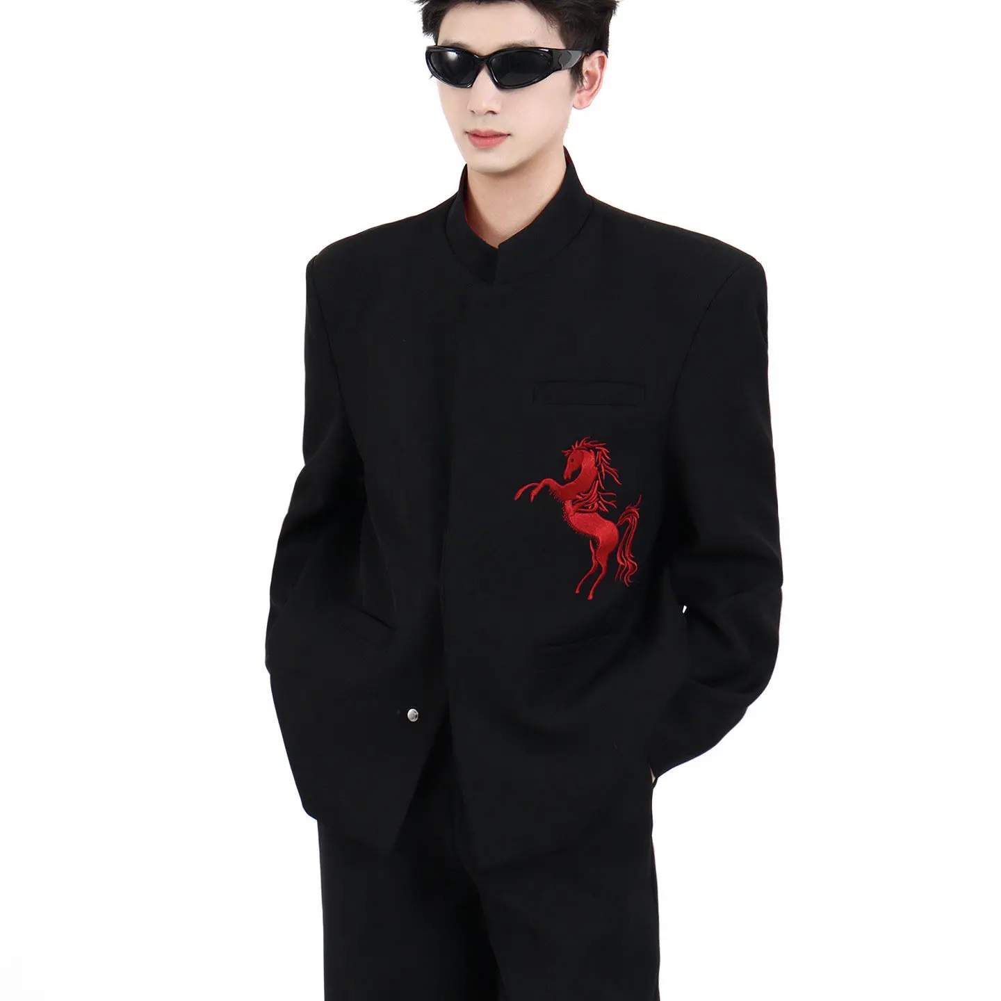 

Новый мужской пиджак в китайском стиле с вышивкой, подплечниками и воротником-стойкой, весенне-осенний, повседневный, в западном стиле, из полиэфирного волокна