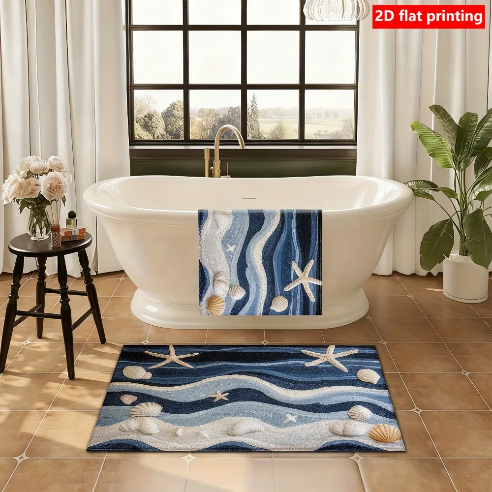 VIKAMA Starfish Shell Semi-Circular Door Mat, Water-Absorbing And Anti-Slip Bathroom Shower Mat, Entrance Foyer Floor Mat