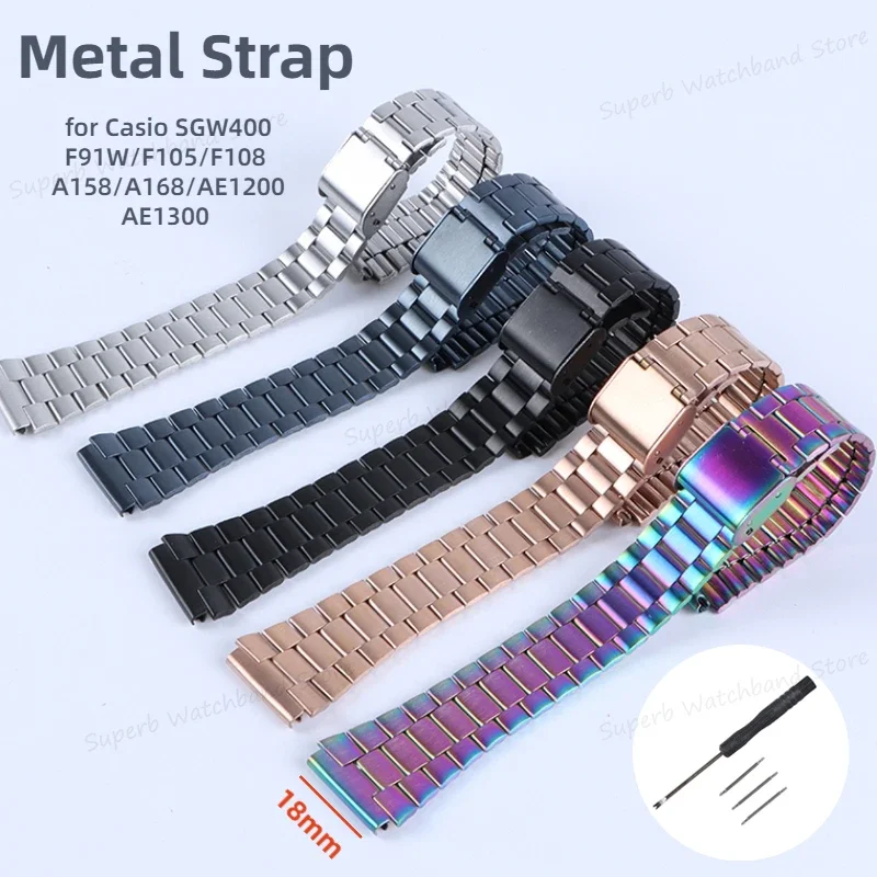 

Vintage Metal Watch Band 18mm for Casio F105/108/A158W/168 AE1200/1300 Small Square Silver Block Stainless Steel Bracelet