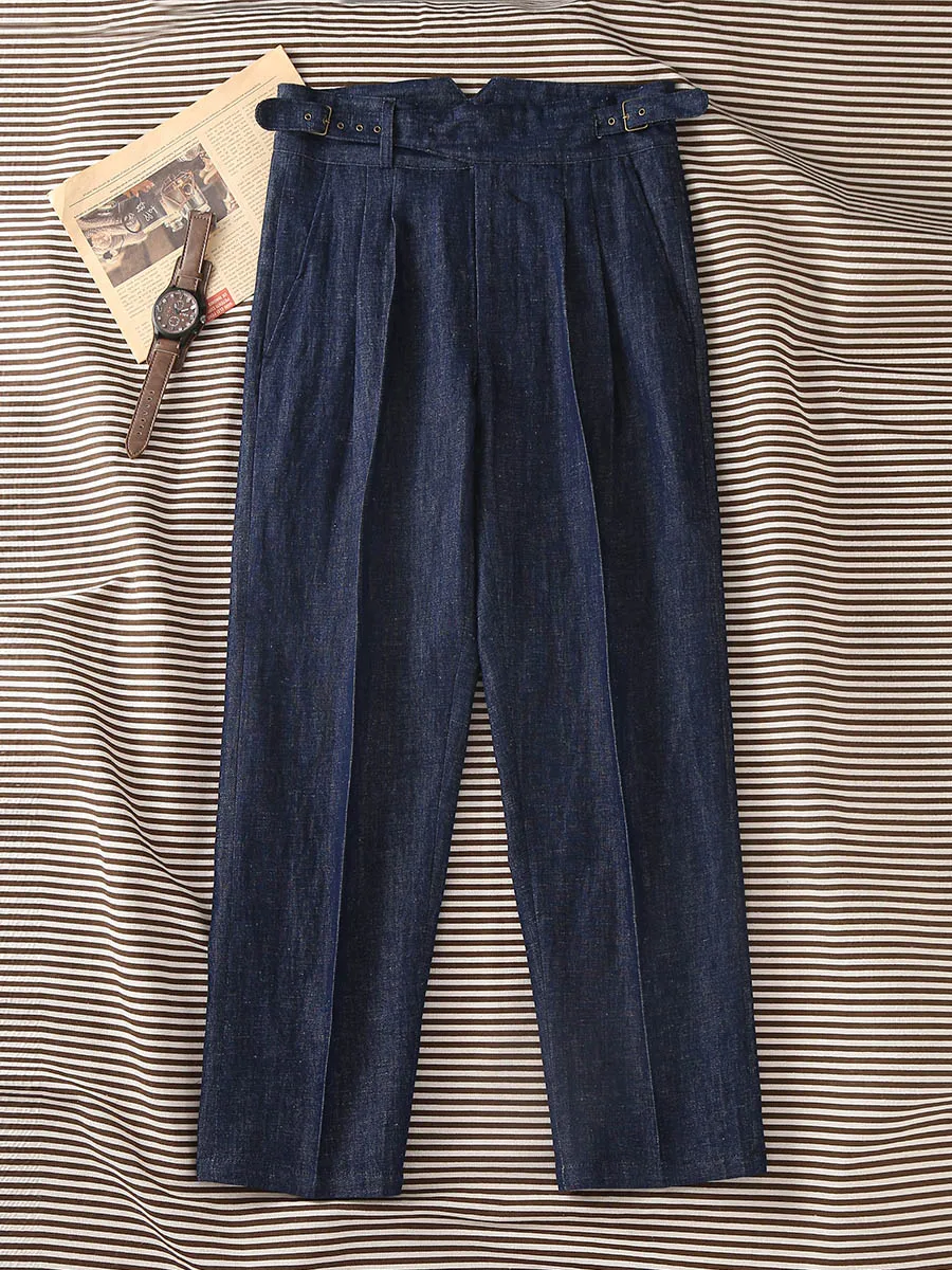 

Classic Men's American Vintage Gurkha Casual Pants - Linen-Cotton Denim Blue Loose Straight Fit Trousers