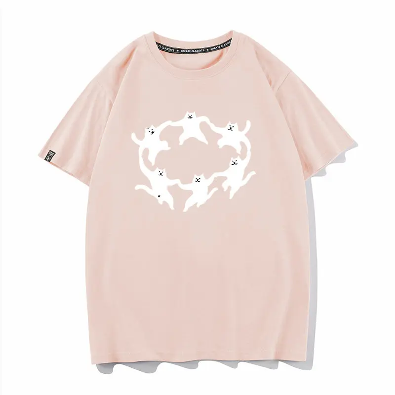 Hand in Hand Kitten Pure Cotton Printed Men's and Women's Fashion Trend Short Sleeved New Personalized Round Neck T-shirt