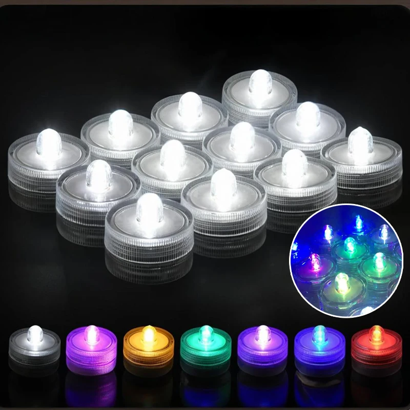 

12-48PCS Waterproof LED Tea Light Candles with Button Battery Mini Lights for Fish Tank Accessories Home Decoration