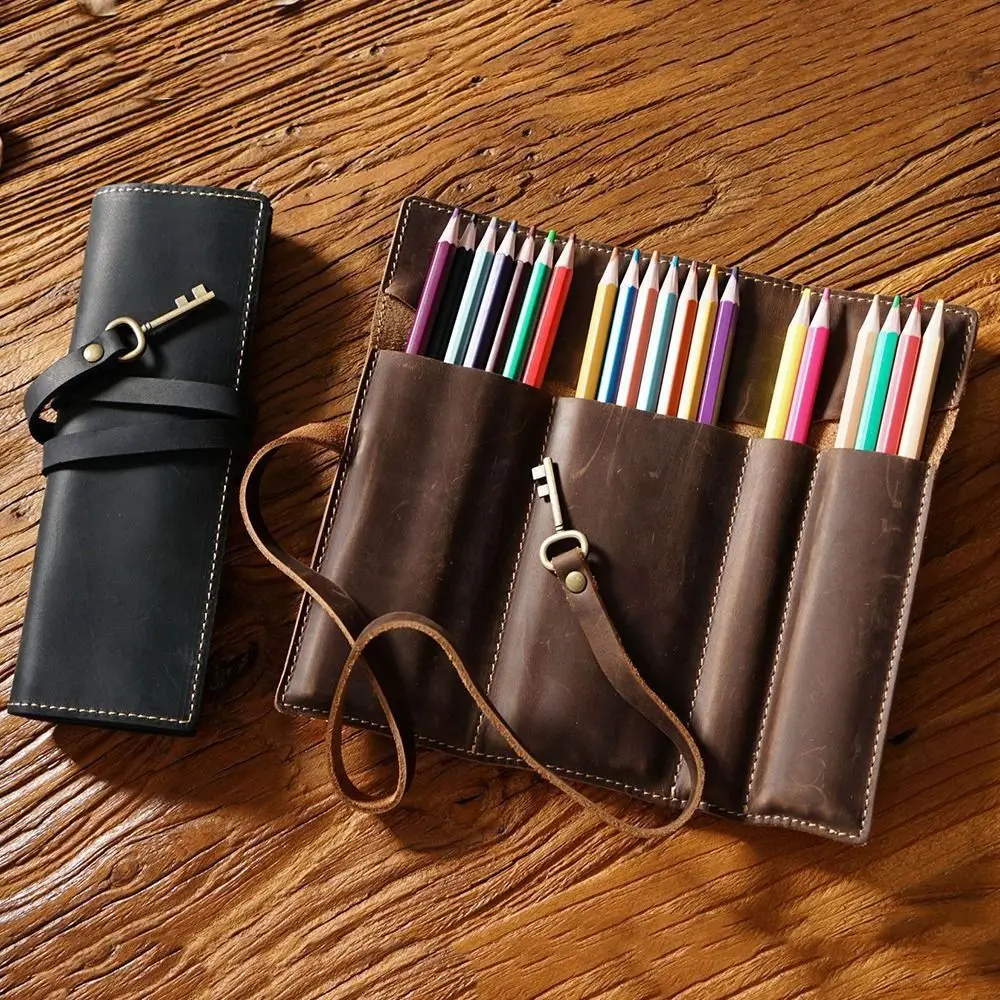 Cowhide Leather Pen Bag Multi-Compartment Roll-Up Pencil Roll Bag Multi-colors Handmade Vintage Cowhide Pencil Case