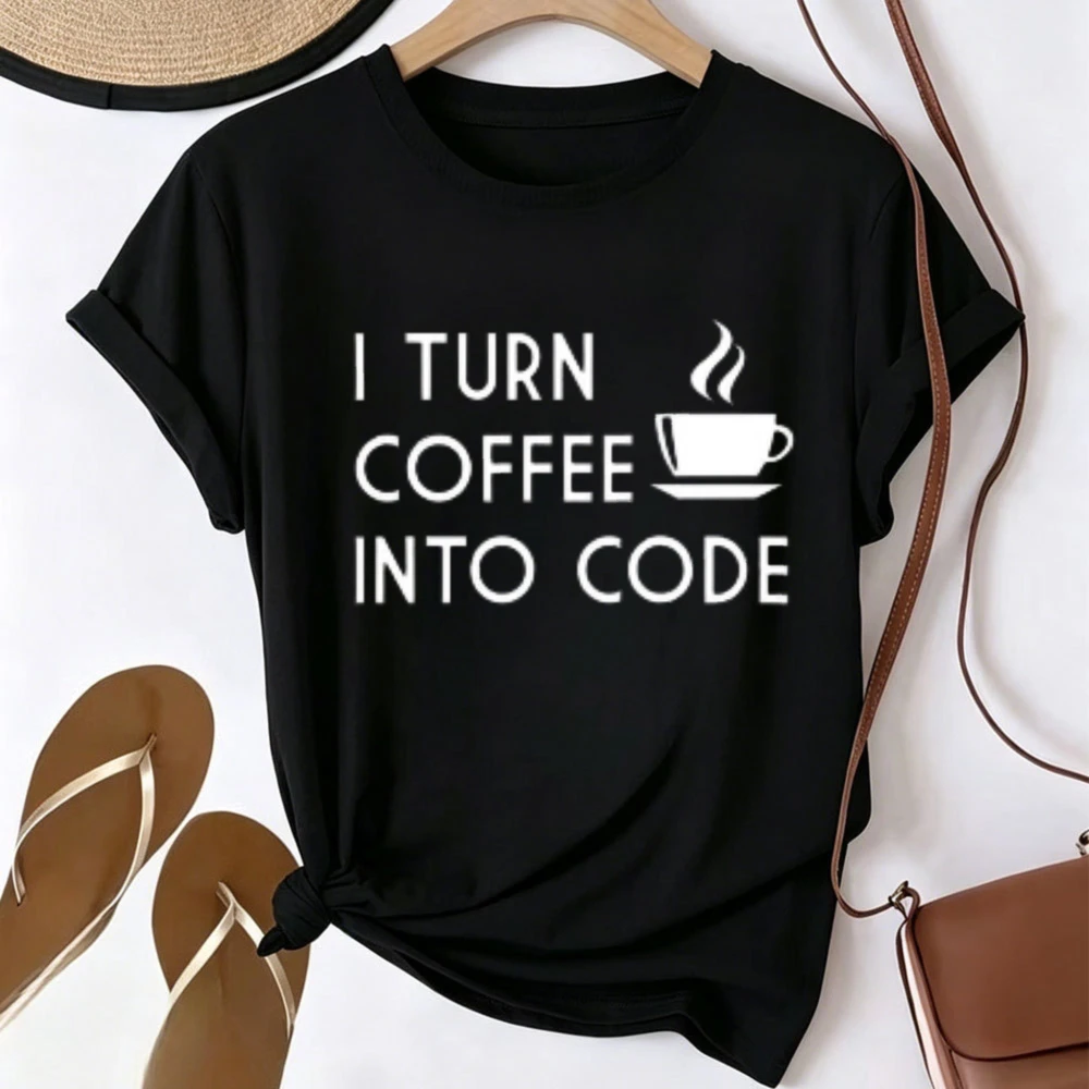 I Turn Coffee Into Code Graphic T-shirt Men Women Programmer Funny Quote Coffee Cup Print Coder Developer Tech Lover Casual Tees