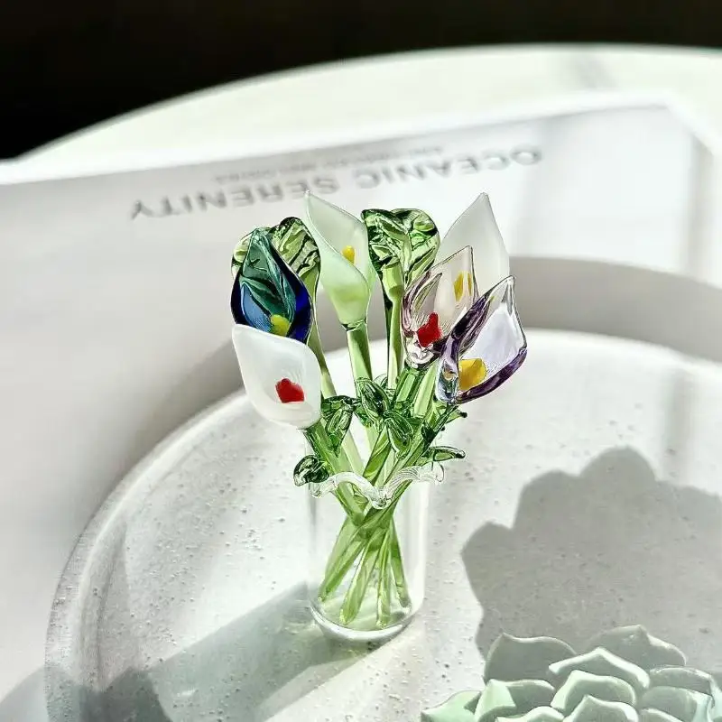 Handcrafted Glass Callalily With Stem Hand-Blown Mini Glass Flower Figurine Decoration Home Colorful Floral Ornament