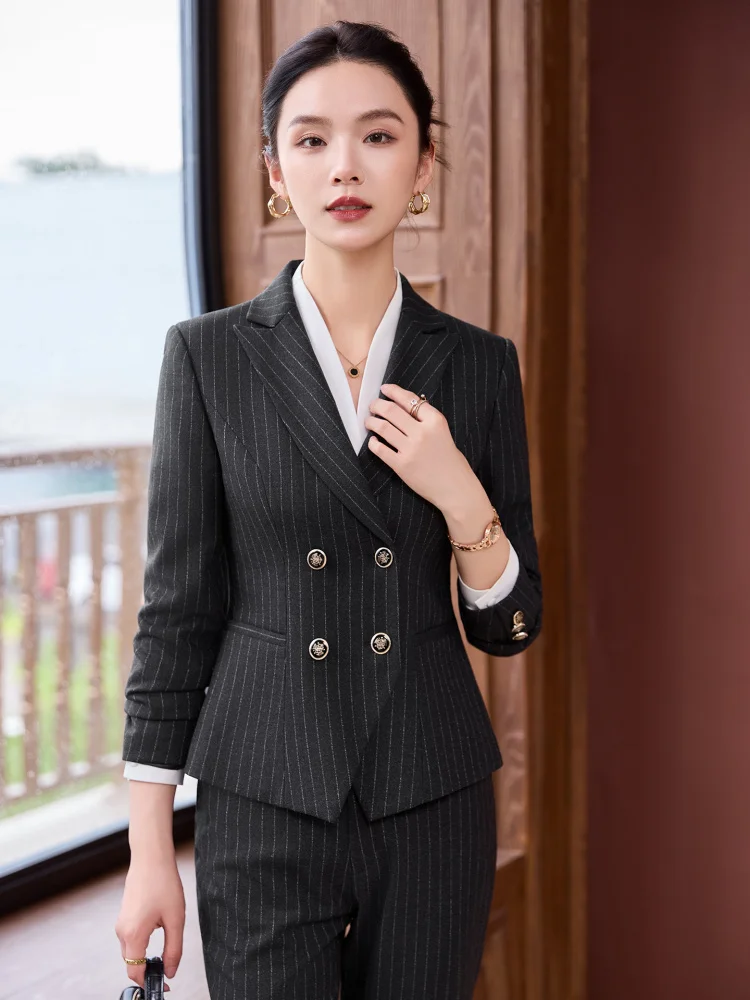 Double-breasted black striped women's suit for spring and autumn, hotel manager suit, jewelry store salesperson, hotel front des