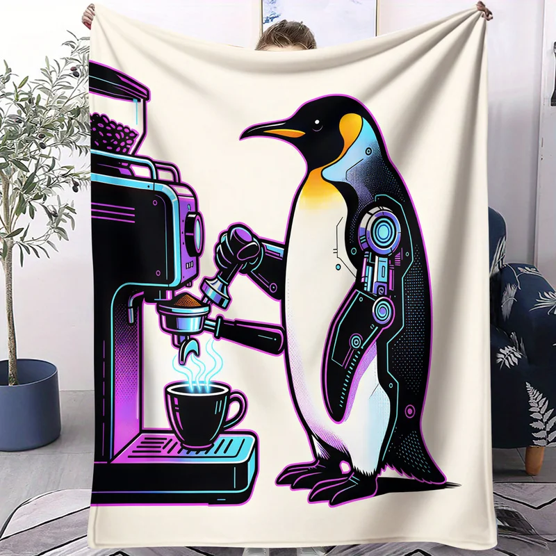 Cute Coffee Penguin Printed Flannel Blanket Fashion Cartoon Warm Throw Blankets Cozy Soft Gift Blanket For Sofa Bed Home Decor