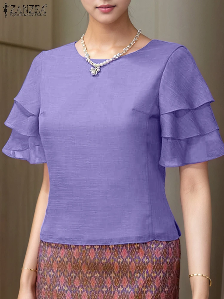 

ZANZEA Solid Short Sleeve Blouse Women Fashion Ruffled Tops 2025 Summer OL Work Elegant Tunic Casual Loose O Neck Pullovers