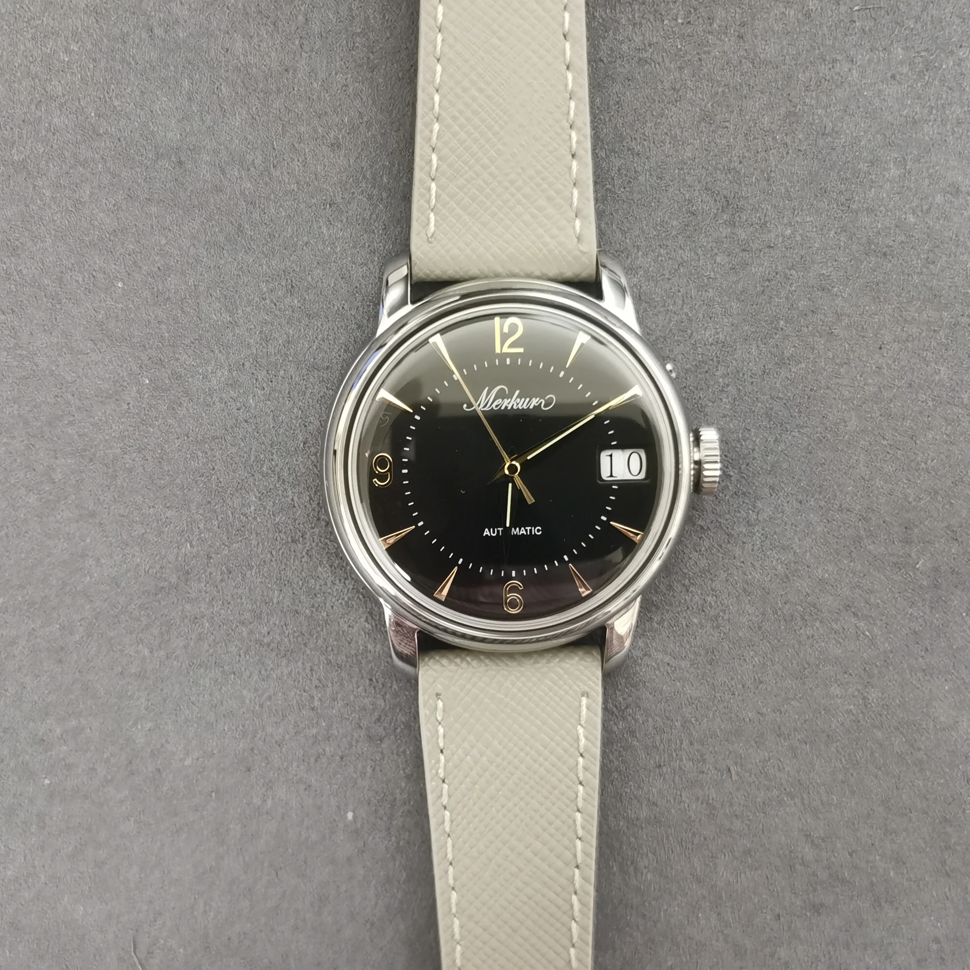 MERKUR Orologio automatico da uomo 38,5 mm Orologio da polso meccanico retrò 50M Specchio zaffiro impermeabile Finestra con data grande