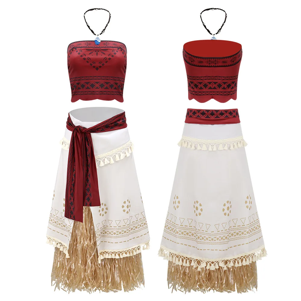 Moana Cosplay Costume For Womens Red Top Grass Skirt Shell Necklace Tropical Island Birthday Party Fancy Dress Summer Beach Set - view 5