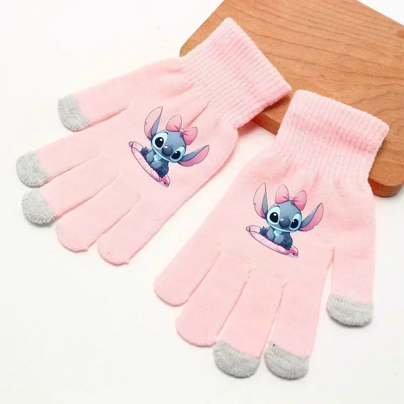 Disney Stitch เด็กใหญ่ถุงมือฤดูหนาว WARM การ์ตูนยืดถัก Mittens หน้าจอสัมผัสน่ารักผู้ใหญ่ห้านิ้วถุงมือของขวัญวันเกิด