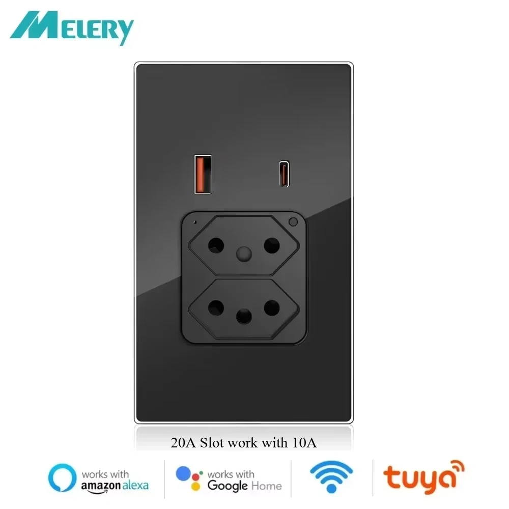 Melery Tuya Brazil Plug 20A Slot WIFI Wall Socket USB Type-C PD 30W Smart Outlet Glass Panel Voice Remote by Google Home Alexa