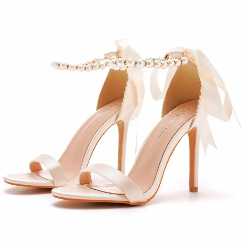 Summer New Brand Ankle Strap Sandal String Bead PU 10.5CM Thin Heels Buckle Strap Wedding Dress Women\'s Shoes Champagne