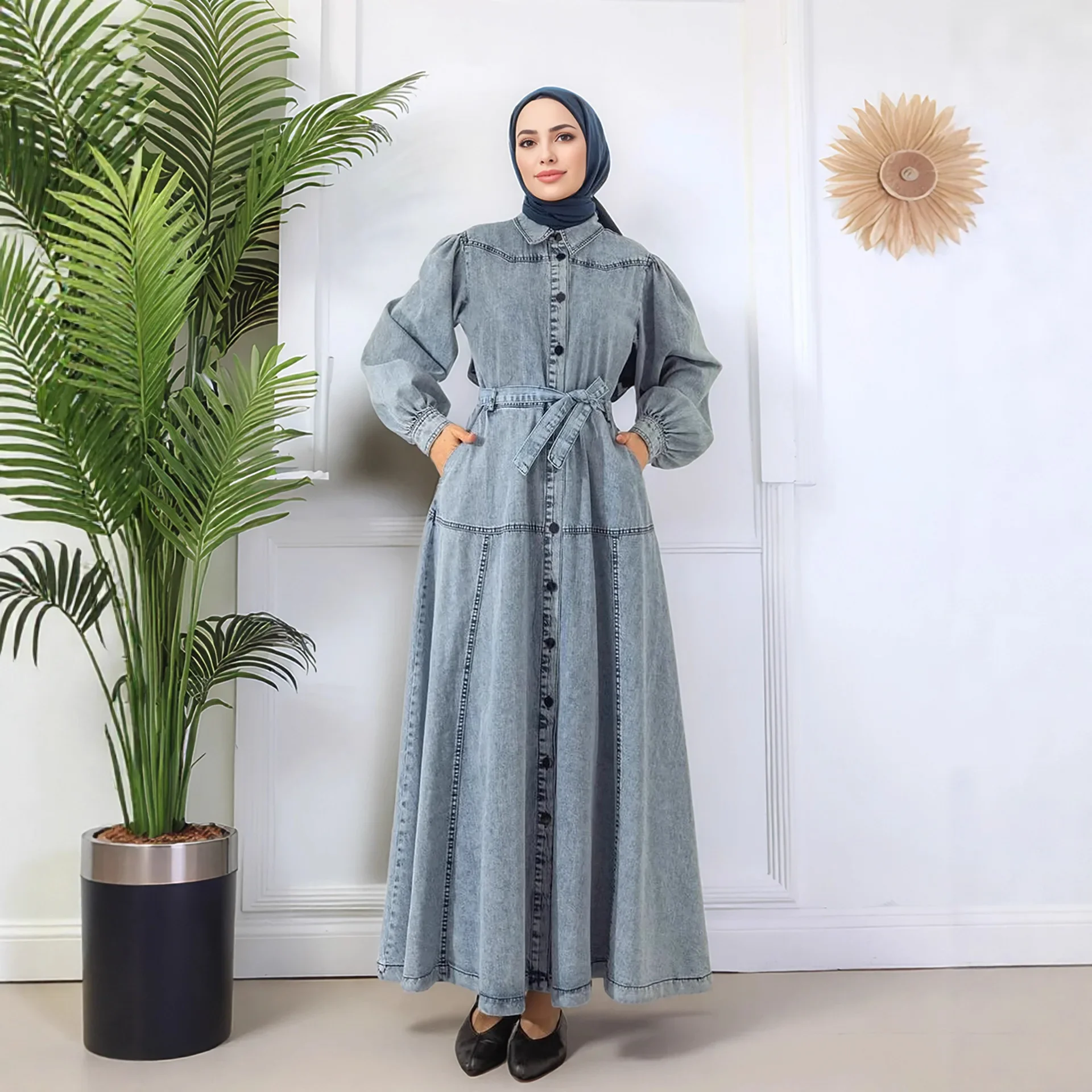 

New Denim Long Dress Women Muslim Belt Party Gown Casual Dubai Abaya Turkey Kaftan Eid Ramadan Islam Clothing Morocco Vestidos