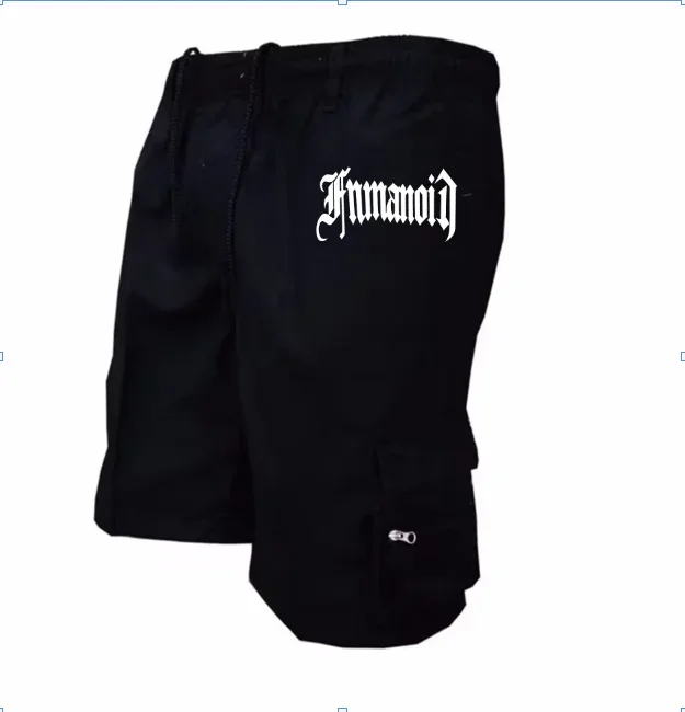 Gothic Letter Print Mens Cargo Shorts Multi Zipper Pocket Elastic Drawstring Casual Streetwear Shorts