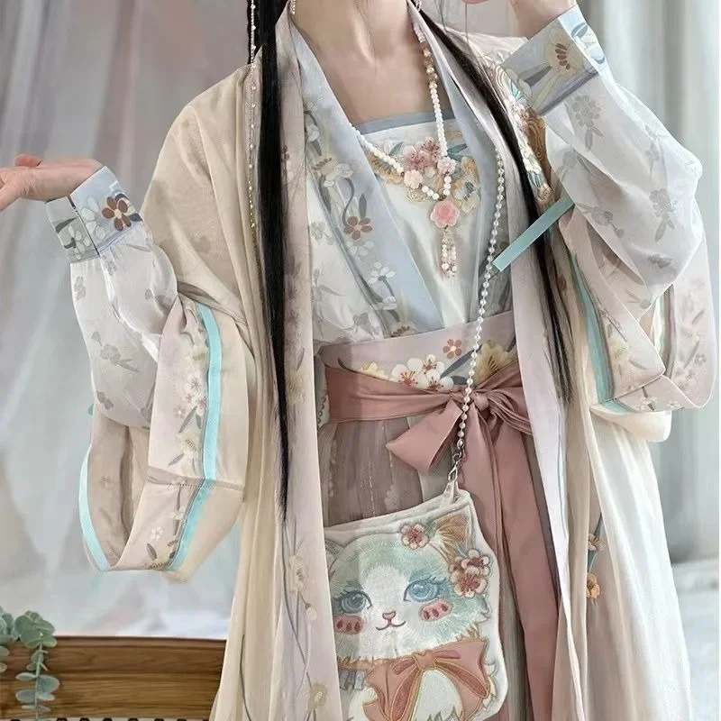 Original Cute Cat Embroidered Bow Flower Hanfu Dress Crossbody Bag with Pearl Chain Women's Spring Summer Ancient White Bag image 2