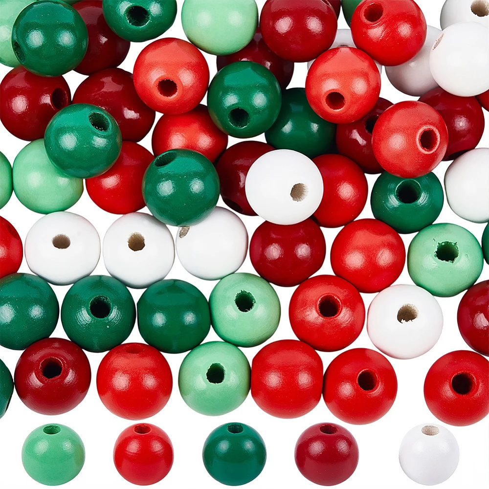 200 piezas de cuentas navideñas de madera, con agujero grande, redondas, pintadas con spray, en rojo, blanco y verde, para el cabello, espaciadores sueltos, dijes, a granel.