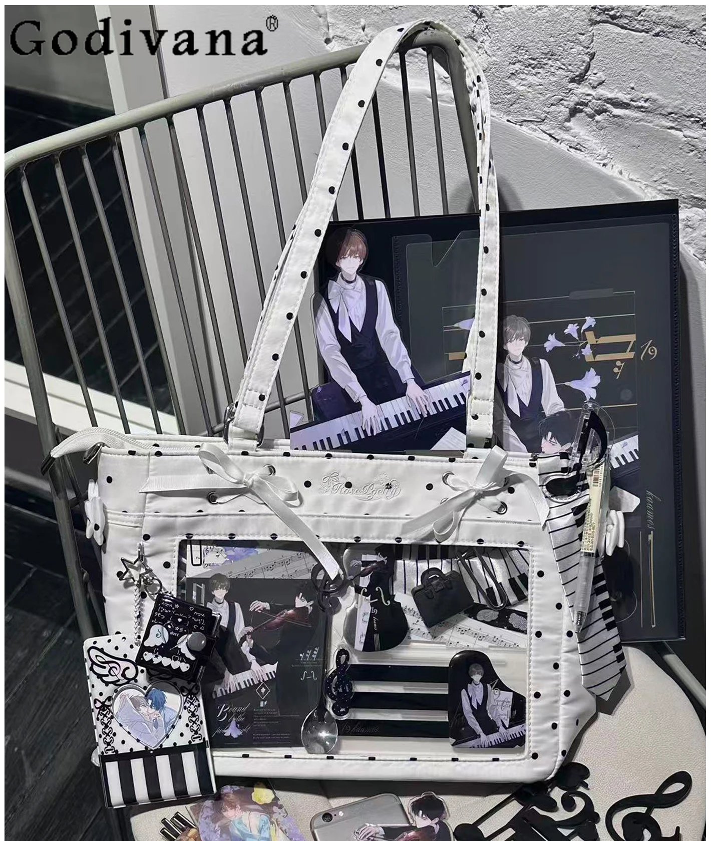 

2D Japanese Original Lolita Design Transparent Large Capacity Commuter Casual Versatile Polka Dot Shoulder Bag for Women