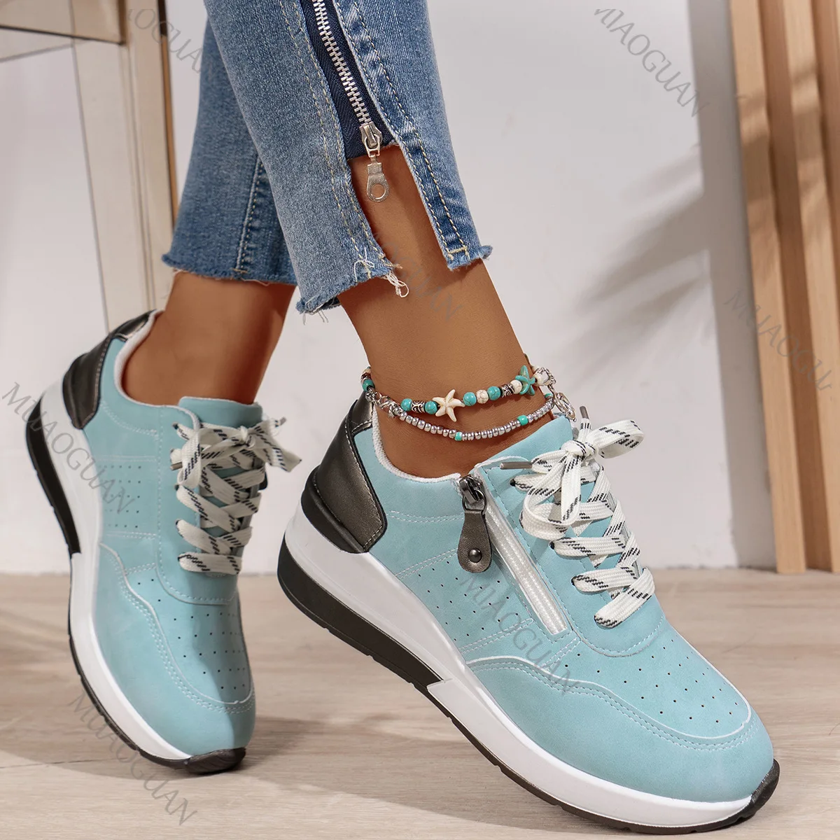 Fashion Wedges Sneakers for Women Spring Autumn Lace Up Platform Sports Shoes Woman Lightweight Side Zip Casual Vulcanize Shoes