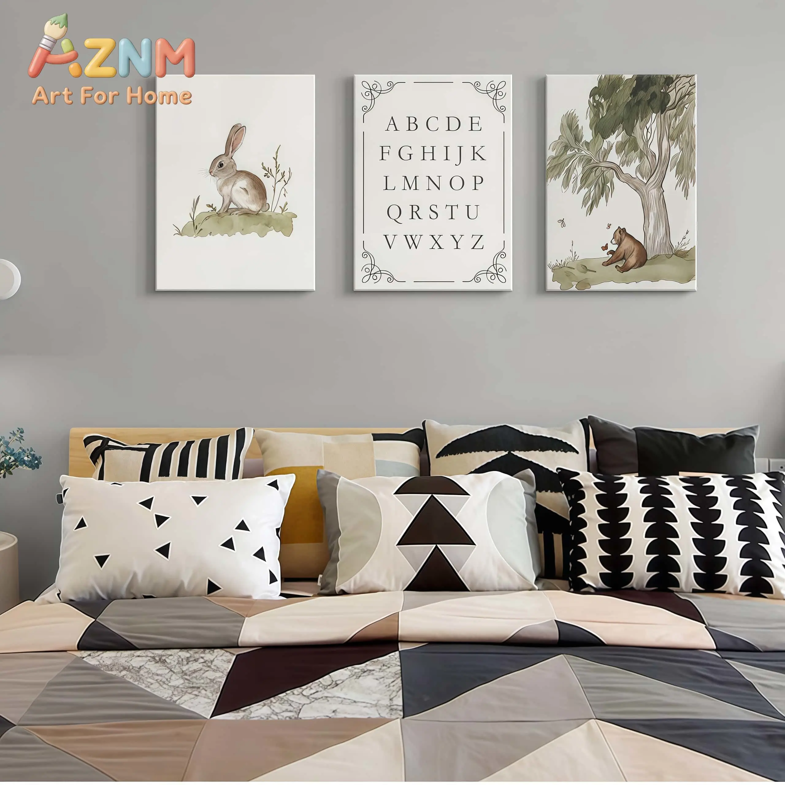 AZNM Alphabet Animal Canvas Wall Art Rabbit Bear Tree Educational Learning Frameless Canvas Painting Nursery Kids Room Home Deco